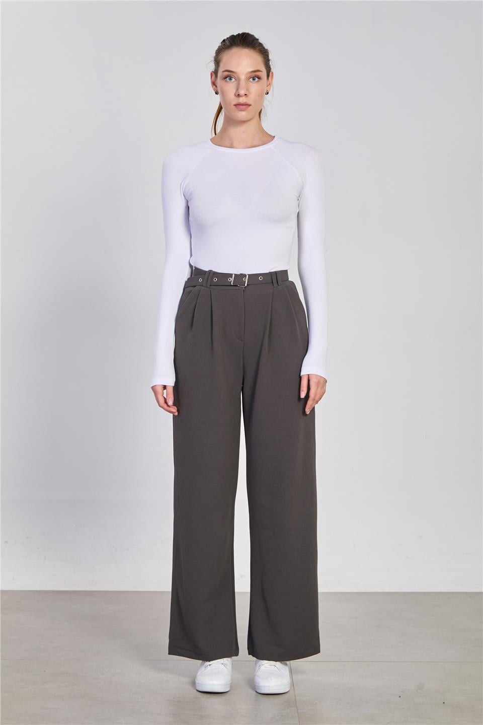 Kemerli bol paça pantolon-113 Antrasit