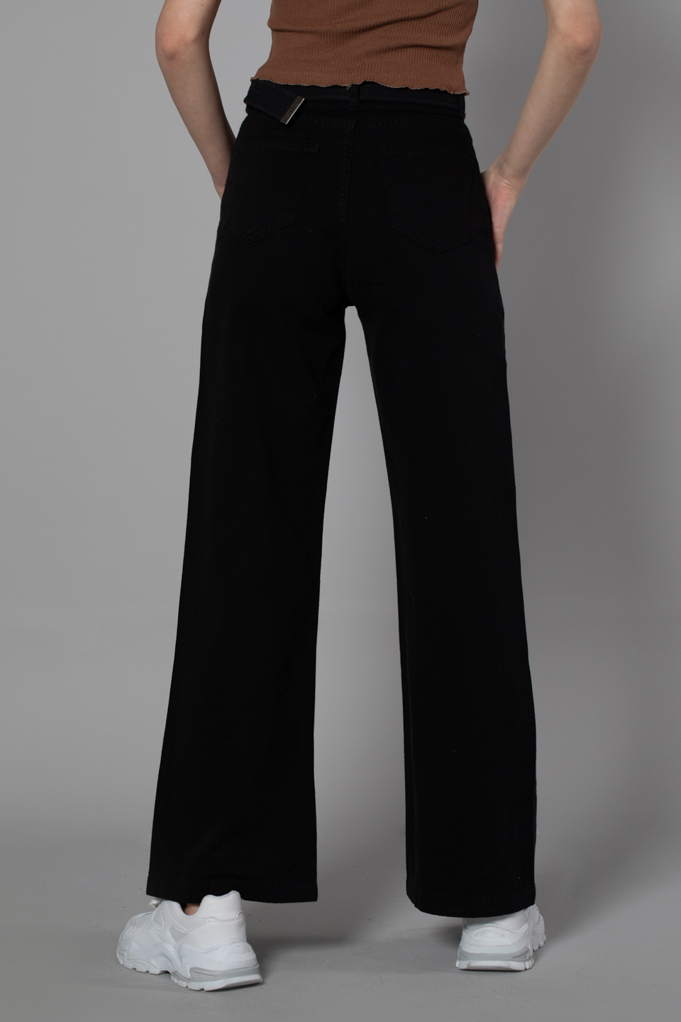 Kemerli bol paça pantolon-4372 Siyah