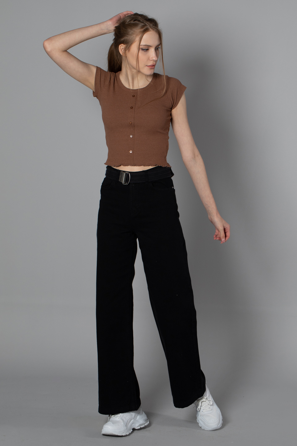 Kemerli bol paça pantolon-4372 Siyah