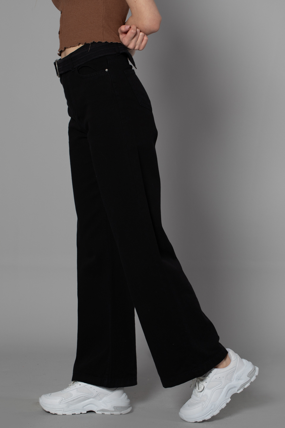 Kemerli bol paça pantolon-4372 Siyah