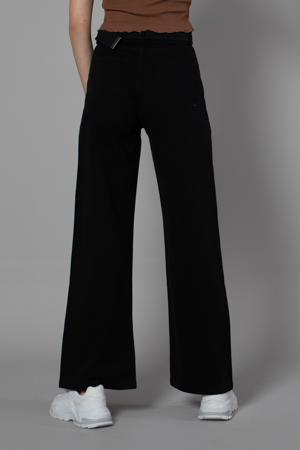 Kemerli bol paça pantolon-4372 Siyah