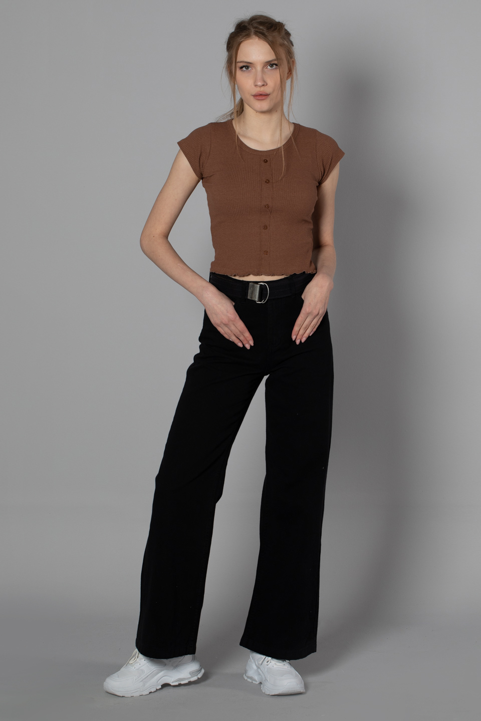 Kemerli bol paça pantolon-4372 Siyah
