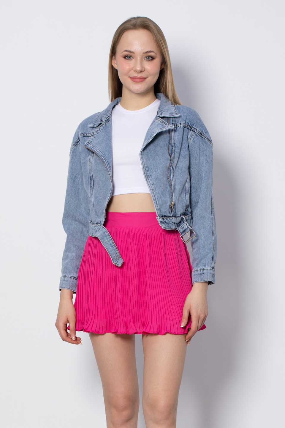 Kemerli Denim Ceket - Orta Mavi