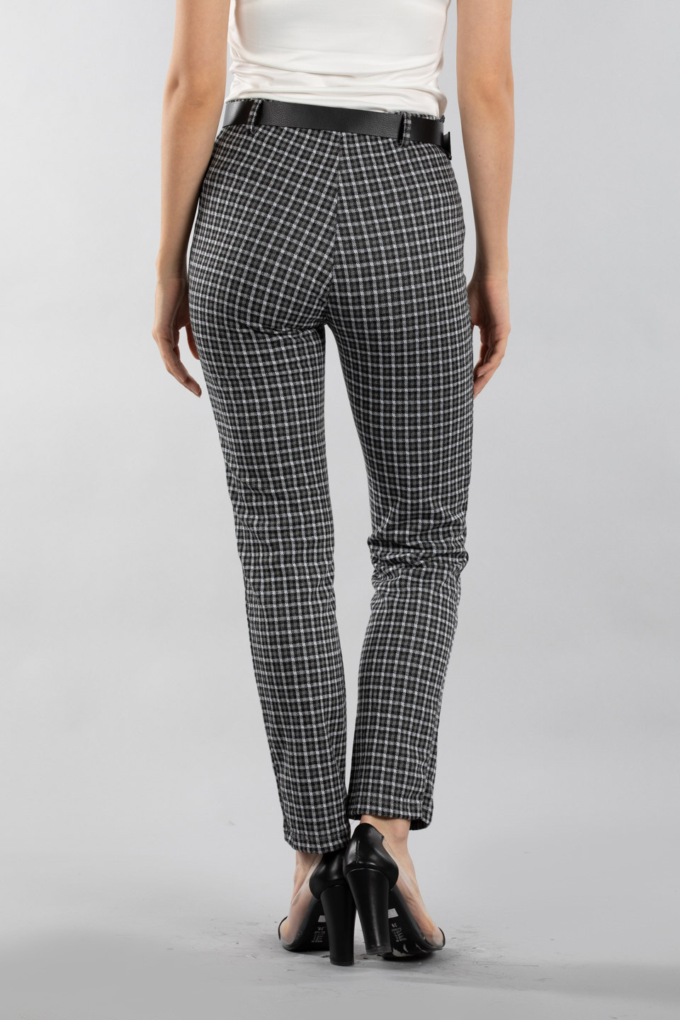 Kemerli ekose pantolon-22045 Siyah/Beyaz