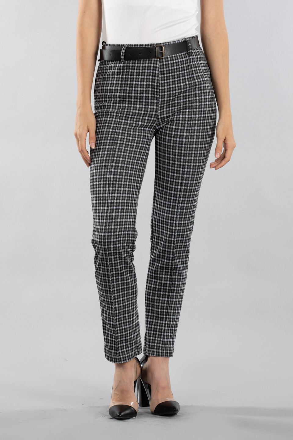 Kemerli ekose pantolon-22045 Siyah/Beyaz