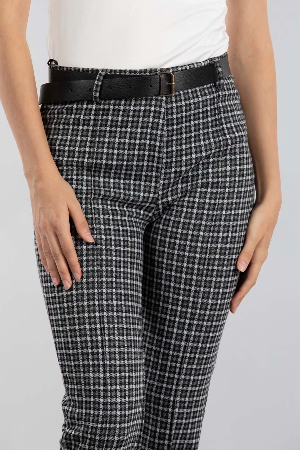 Kemerli ekose pantolon-22045 Siyah/Beyaz