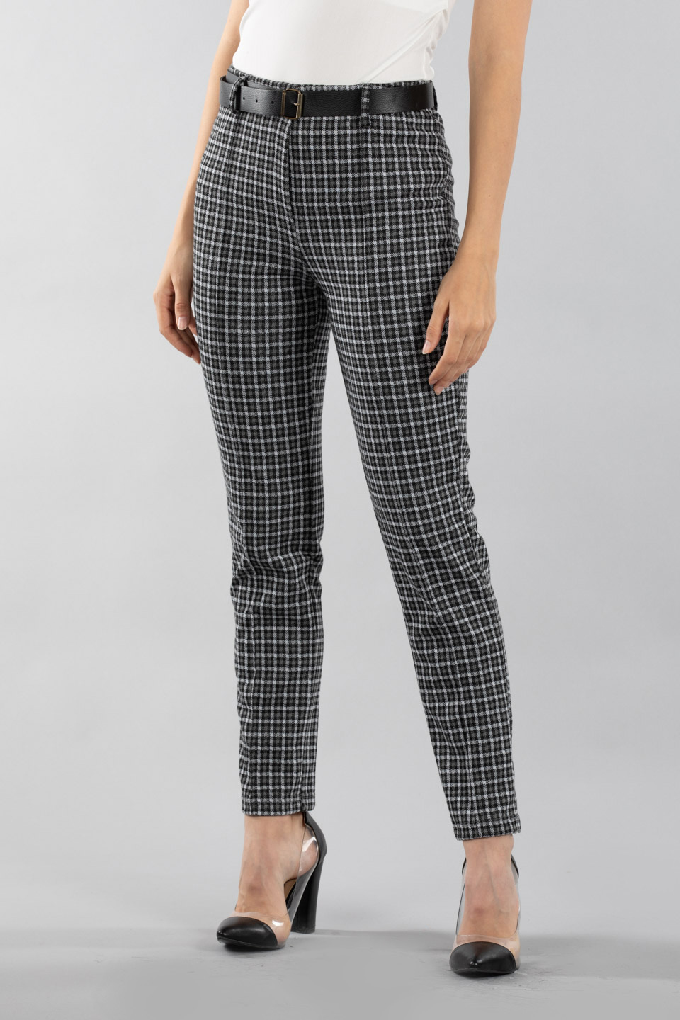 Kemerli ekose pantolon-22045 Siyah/Beyaz