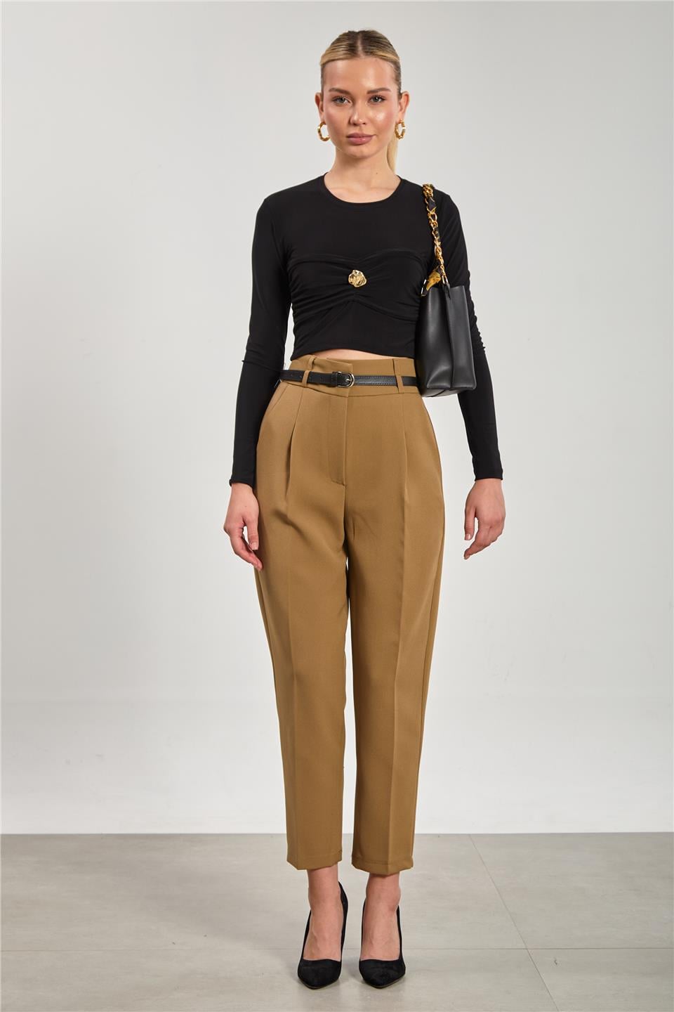 Kemerli havuç kumaş pantolon-3790 Haki