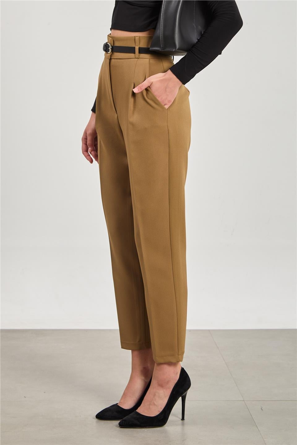 Kemerli havuç kumaş pantolon-3790 Haki