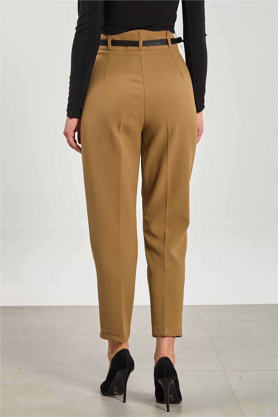 Kemerli havuç kumaş pantolon-3790 Haki