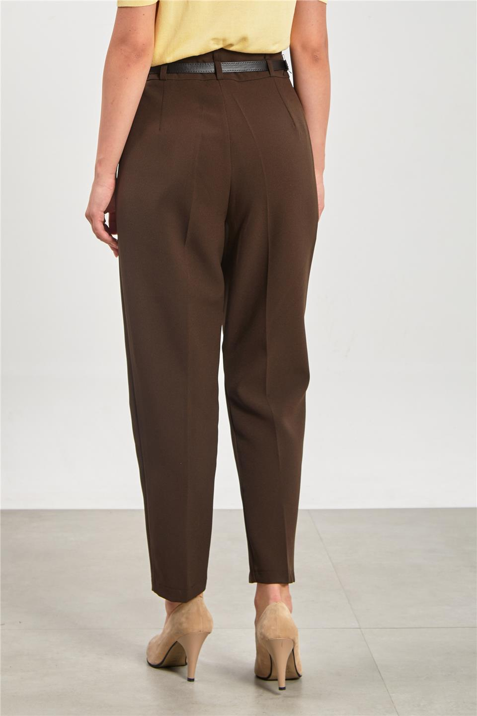 Kemerli havuç kumaş pantolon-3790 Kahve