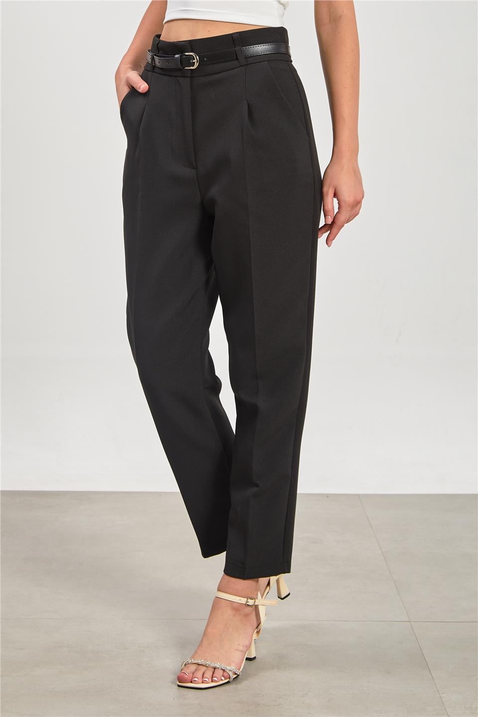 Kemerli havuç kumaş pantolon-3790 Siyah