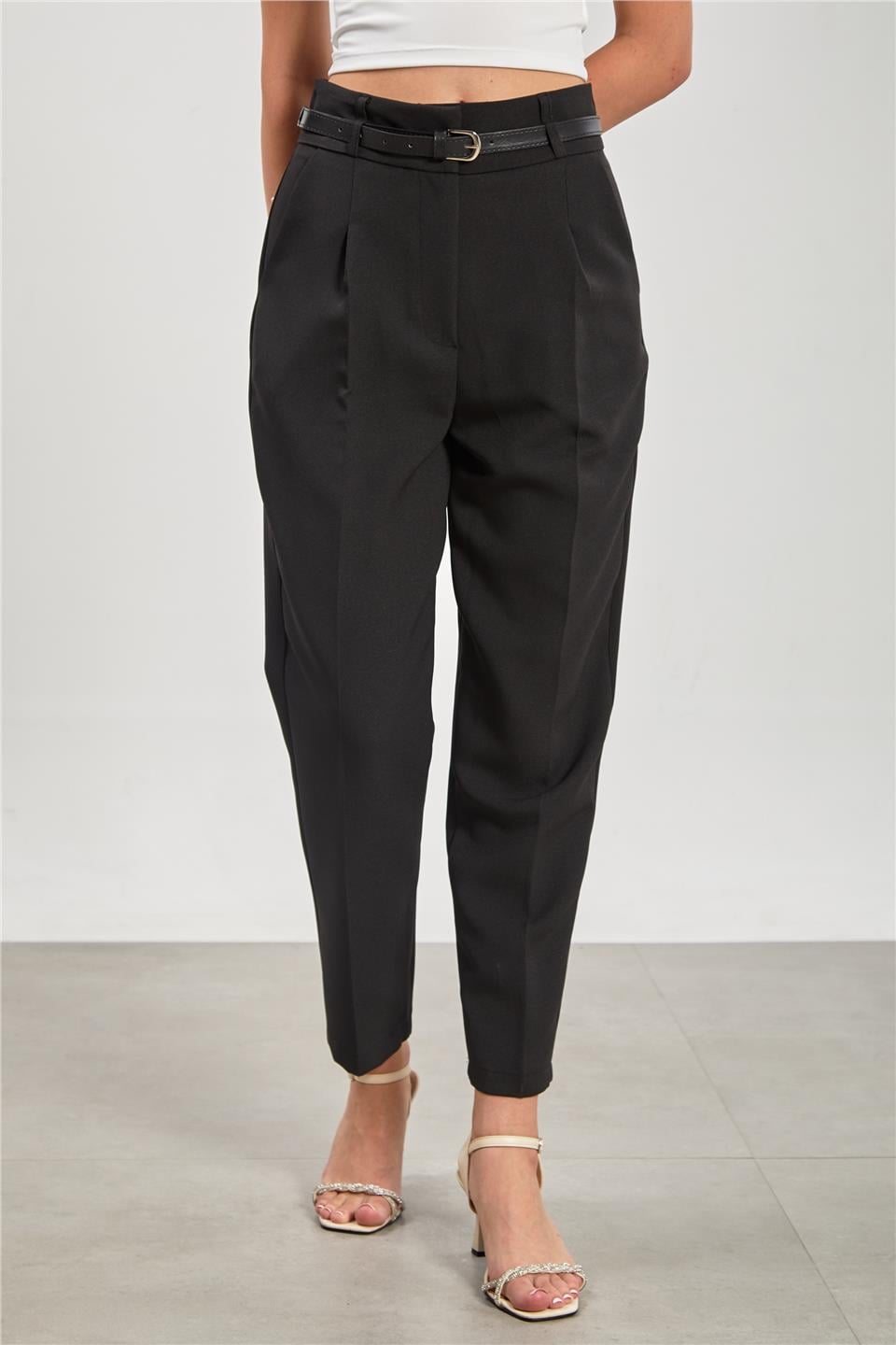 Kemerli havuç kumaş pantolon-3790 Siyah