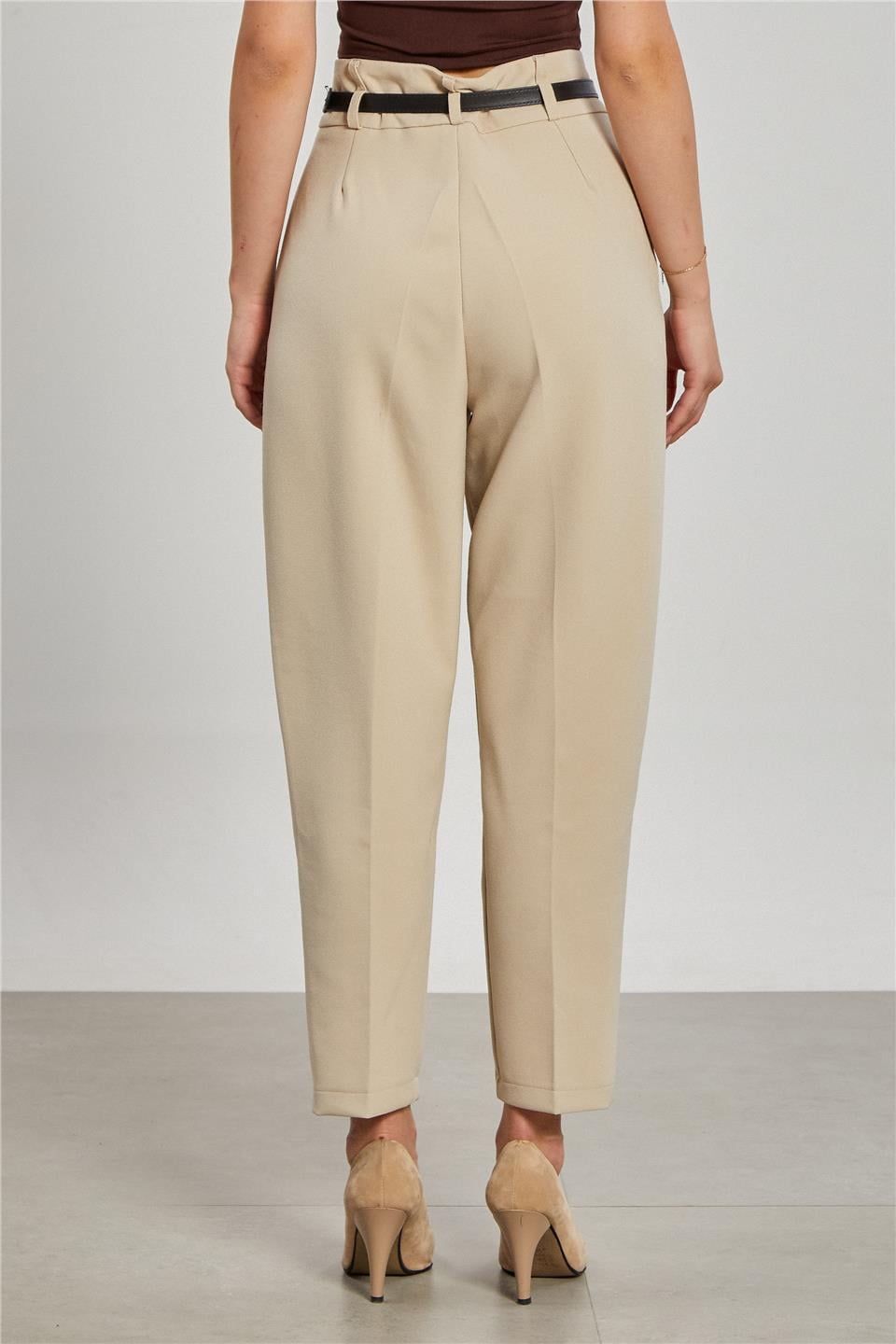 Kemerli havuç kumaş pantolon-3790 Taş