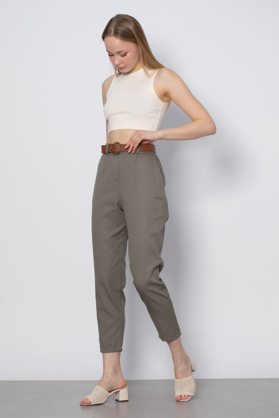 Kemerli havuç pantolon-5925 Haki