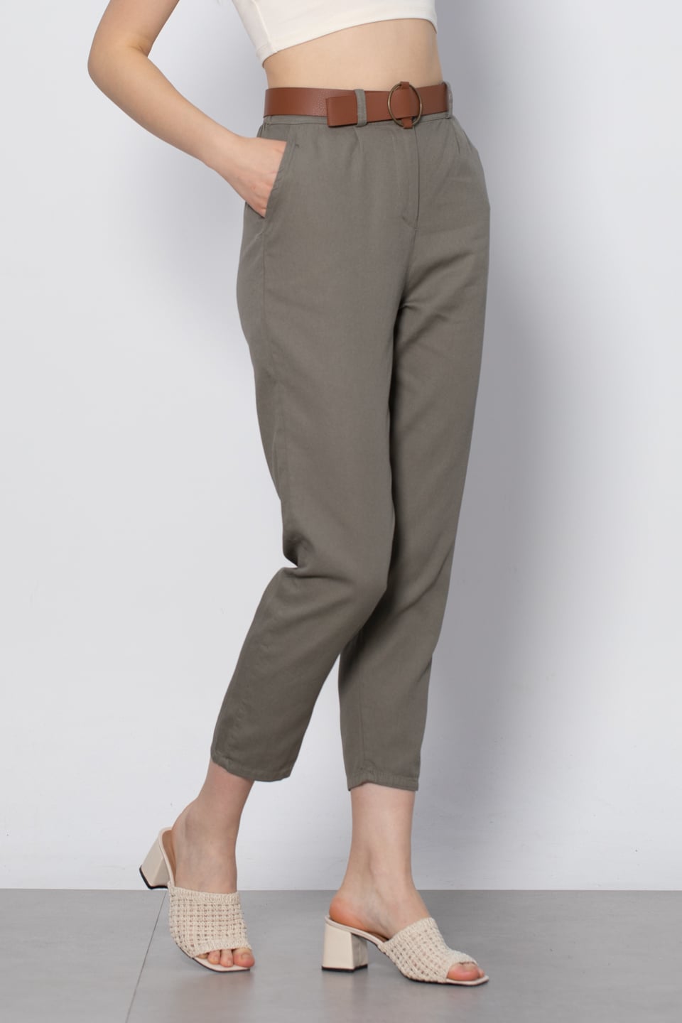 Kemerli havuç pantolon-5925 Haki