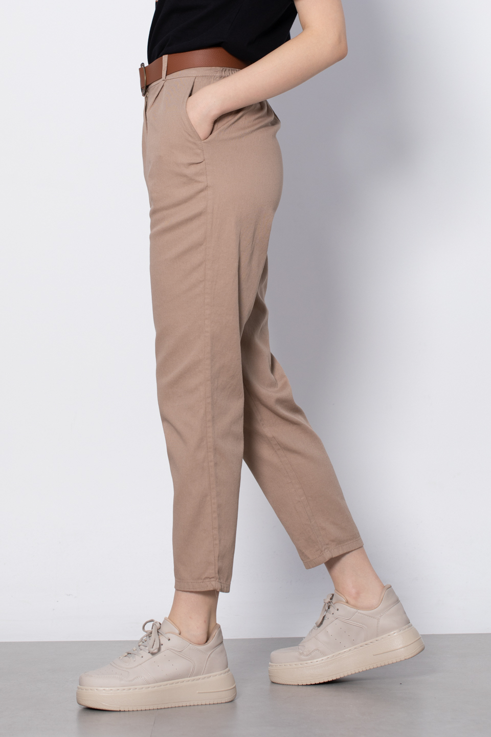 Kemerli Havuç Pantolon - Vizon