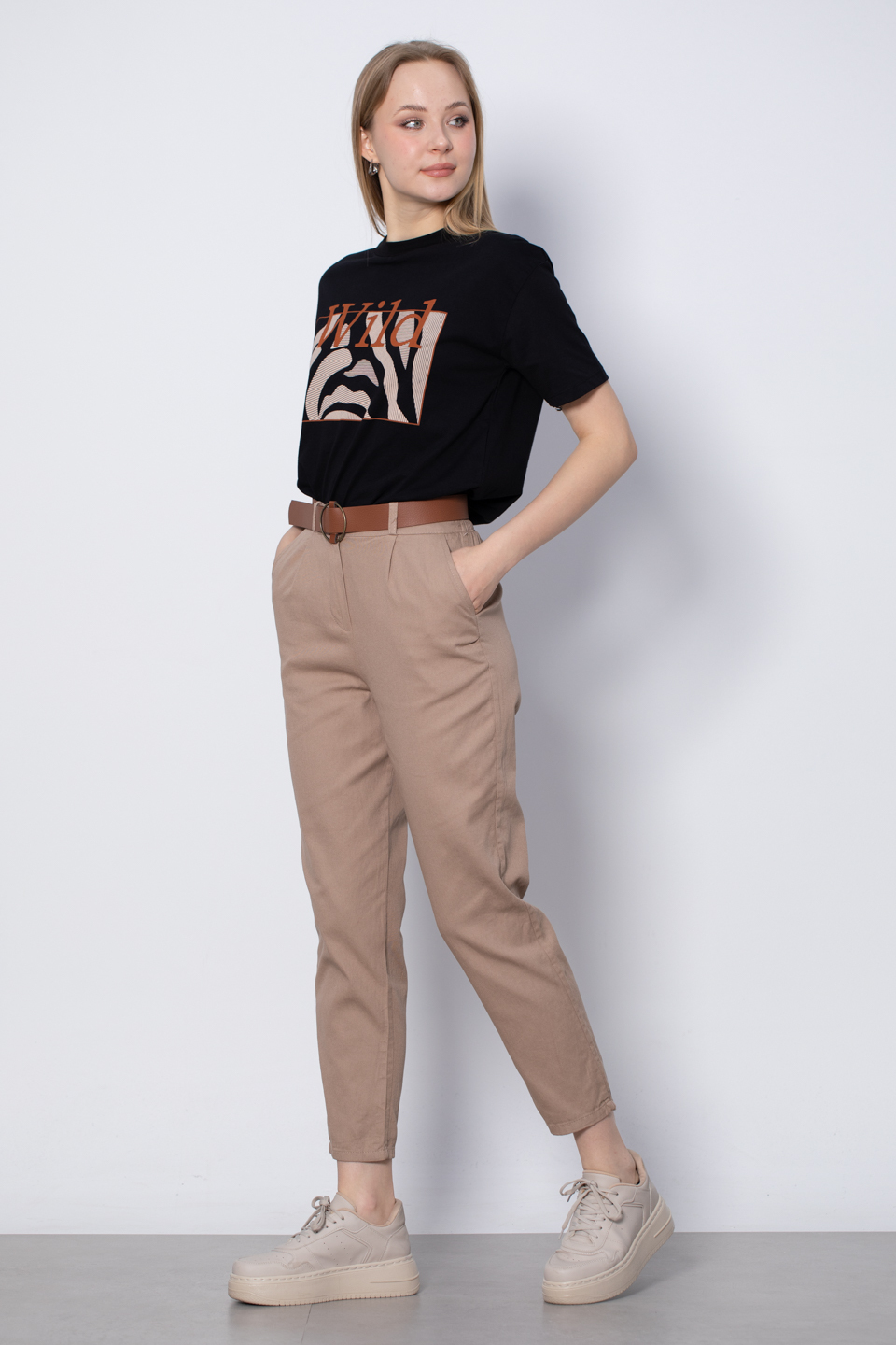 Kemerli Havuç Pantolon - Vizon