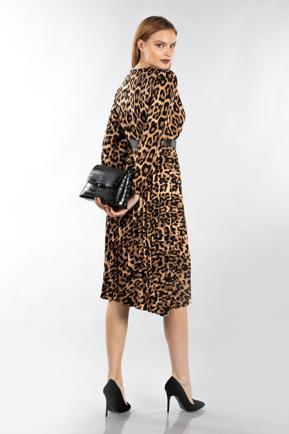Kemerli kruvaze yaka elbise-7099 Leopar