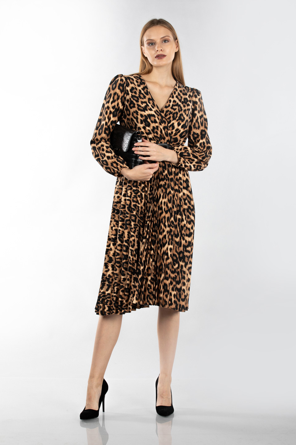 Kemerli kruvaze yaka elbise-7099 Leopar