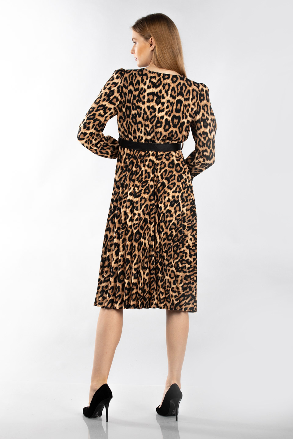 Kemerli kruvaze yaka elbise-7099 Leopar
