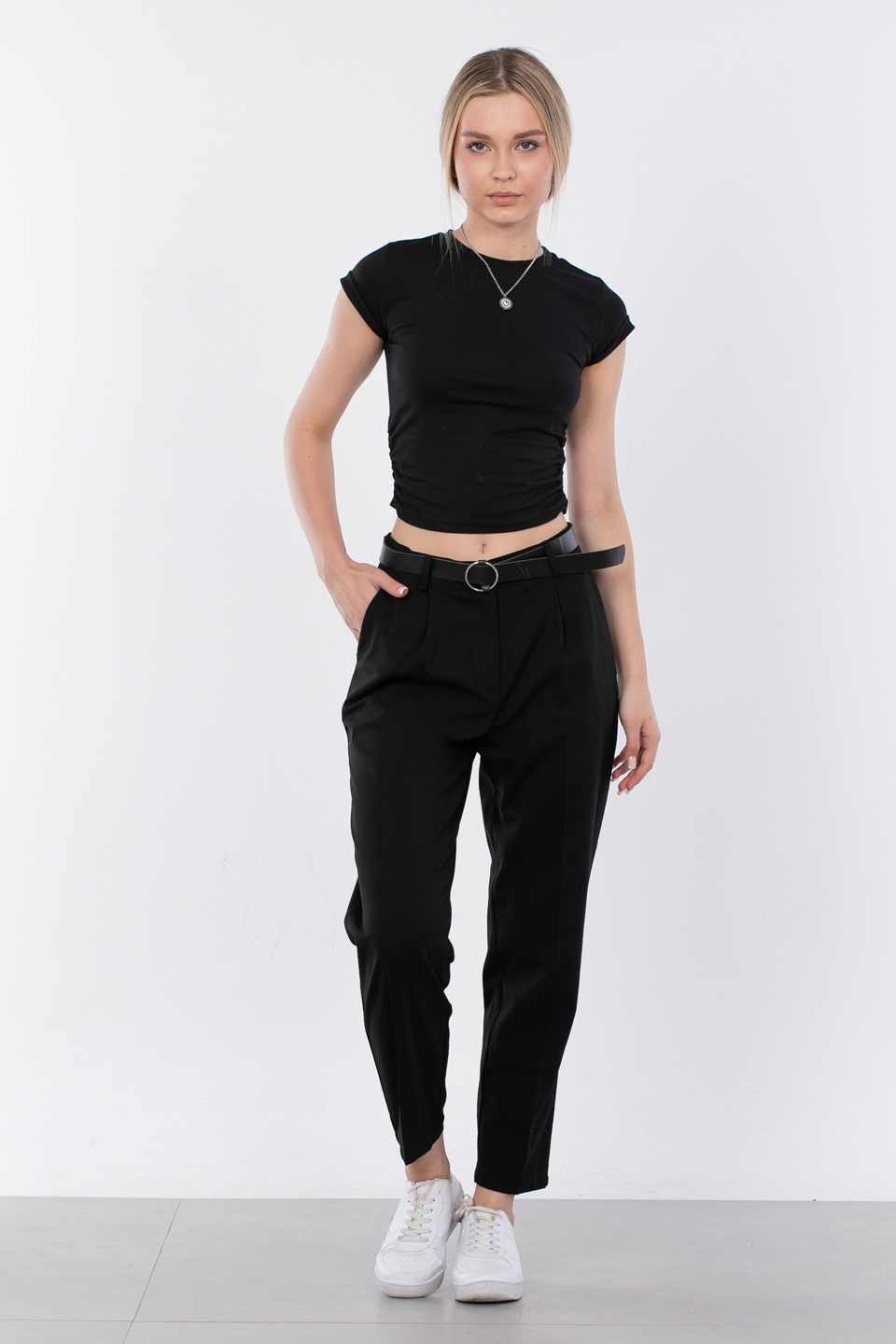 Kemerli Kumaş Pantolon - Siyah
