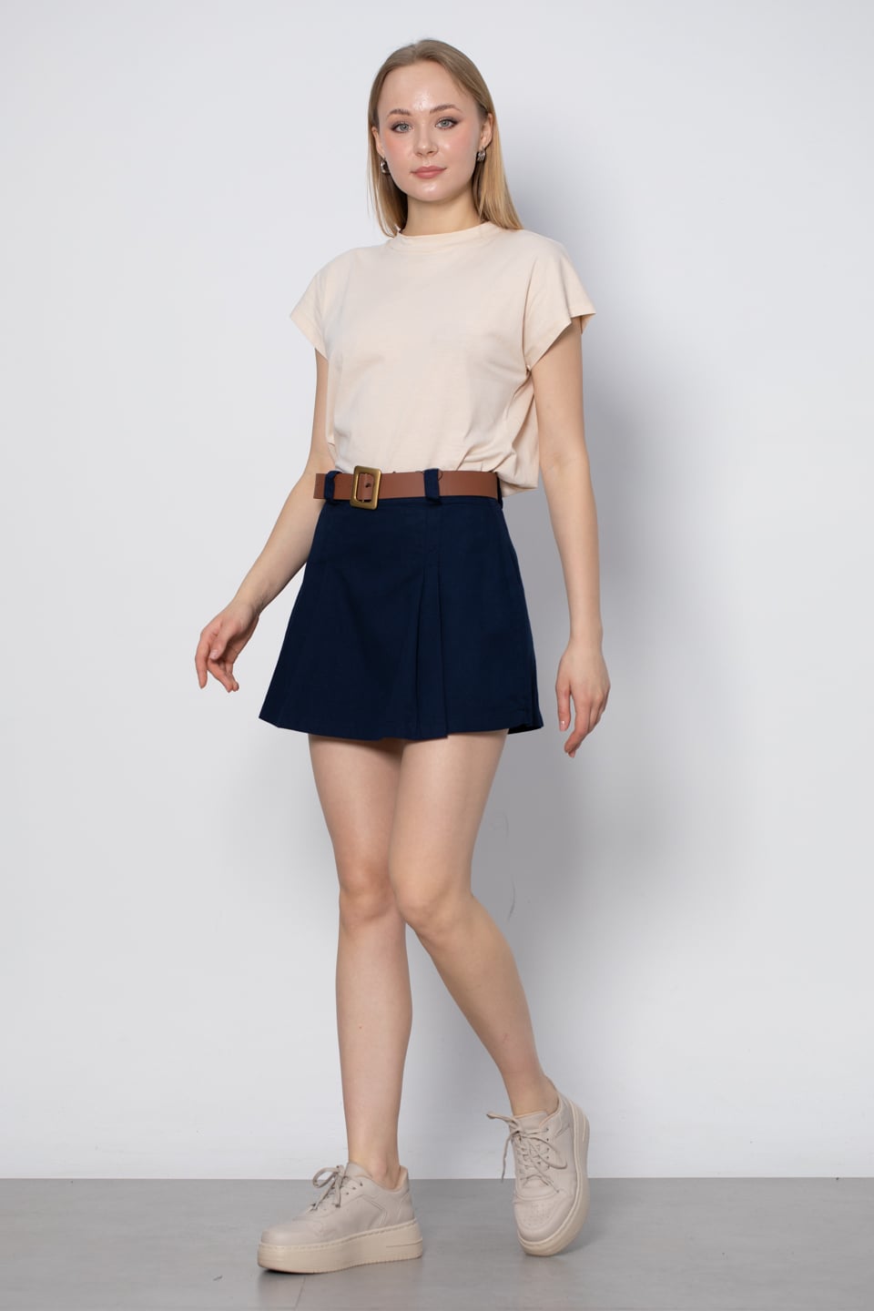 Kemerli pileli şort etek-3055 Lacivert