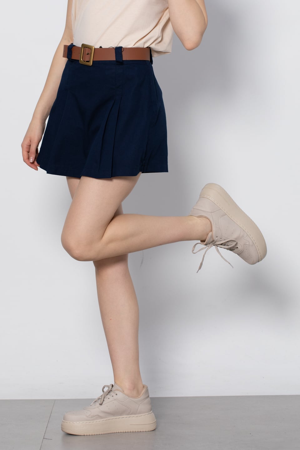 Kemerli pileli şort etek-3055 Lacivert