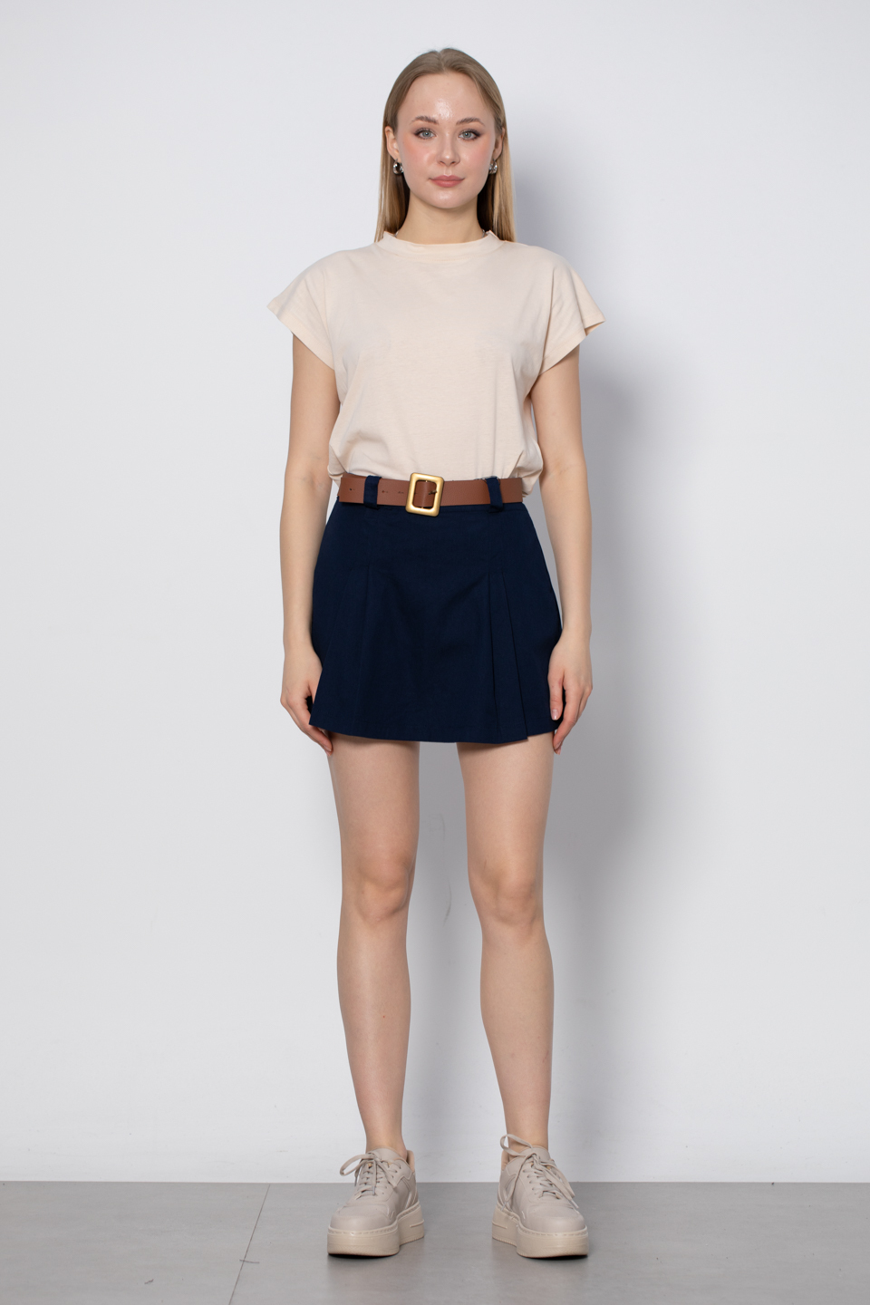 Kemerli pileli şort etek-3055 Lacivert