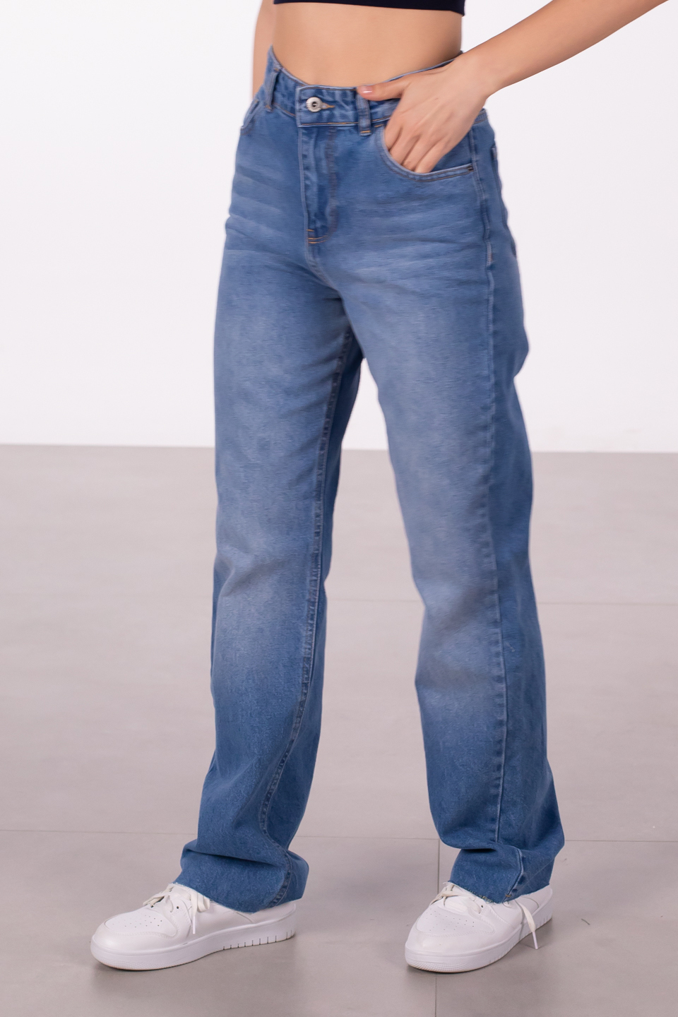 Kesik paça straight jean pantolon-2321 Orta Mavi