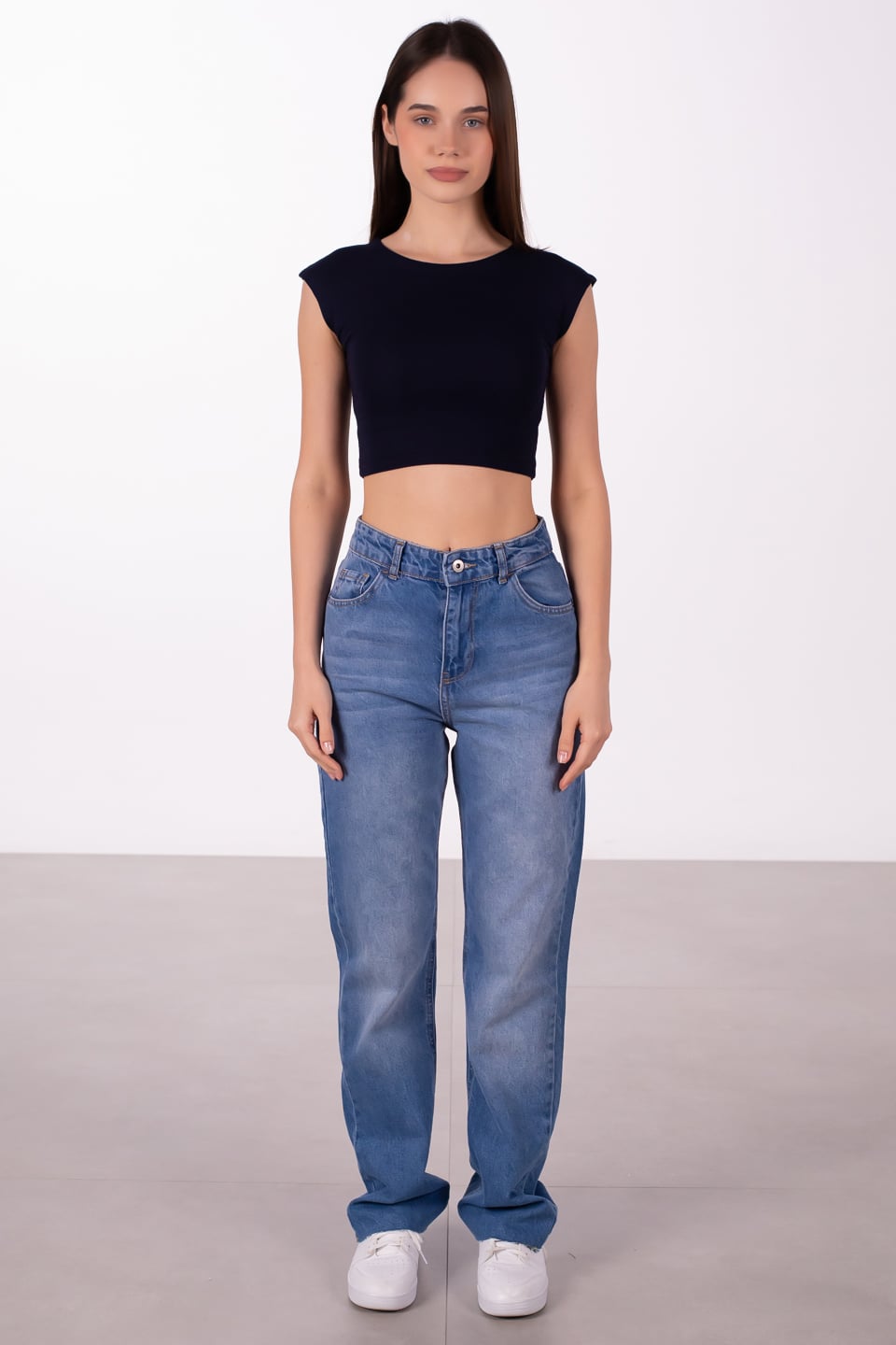 Kesik paça straight jean pantolon-2321 Orta Mavi