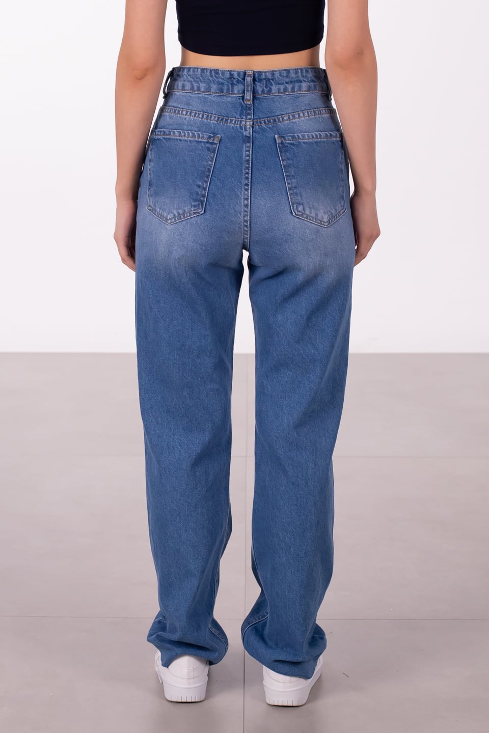 Kesik paça straight jean pantolon-2321 Orta Mavi