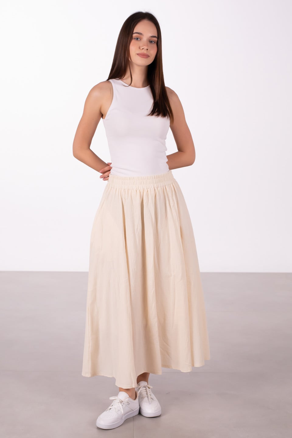 Keten beli lastikli uzun etek-2389 NATURAL Natural