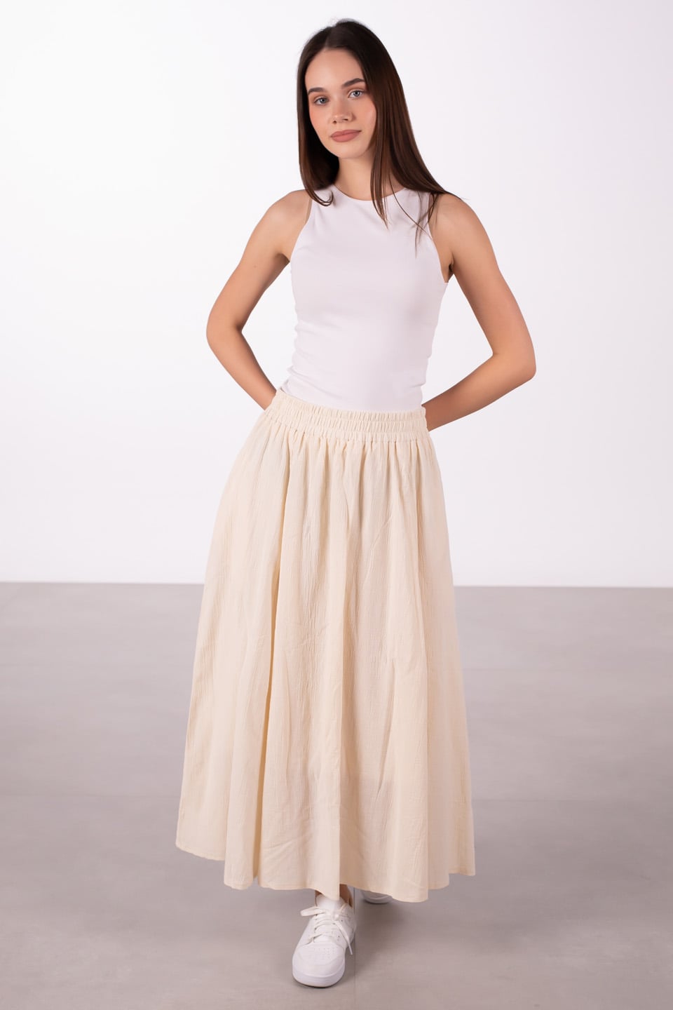 Keten beli lastikli uzun etek-2389 NATURAL Natural