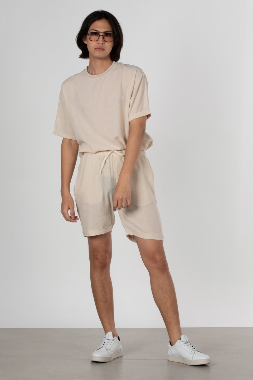 Keten double paça şort-9045 Bej