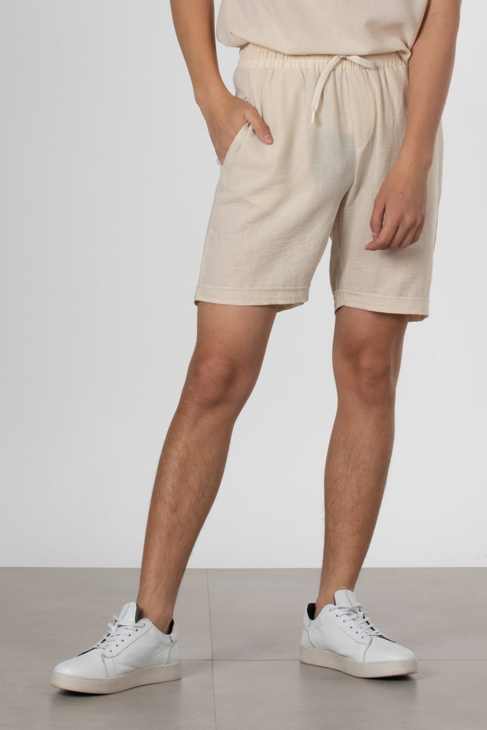 Keten double paça şort-9045 Bej