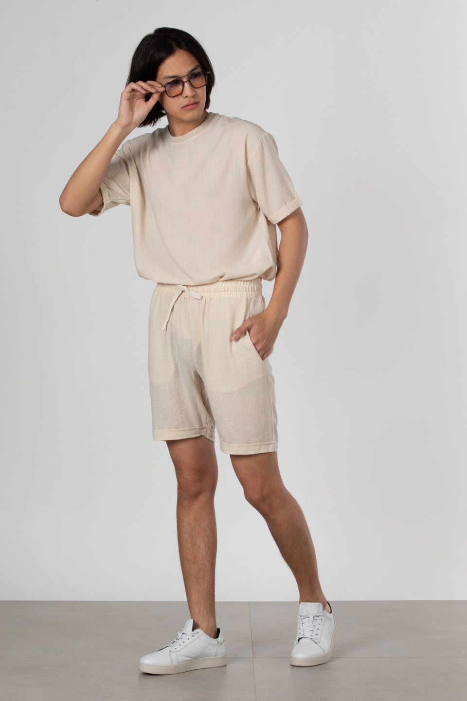 Keten double paça şort-9045 Bej