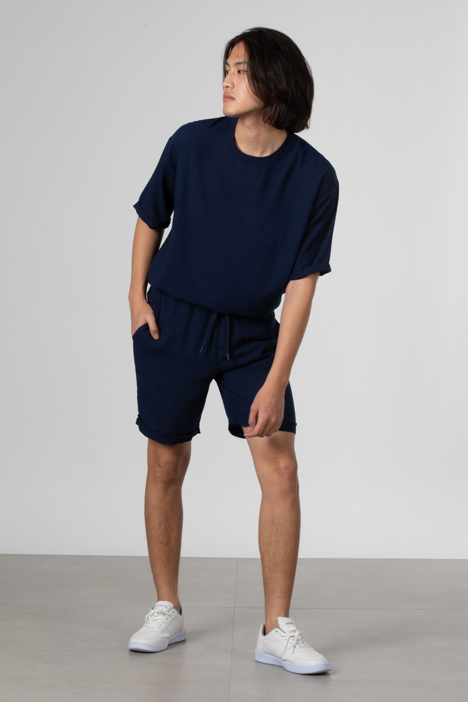 Keten double paça şort-9045 Lacivert