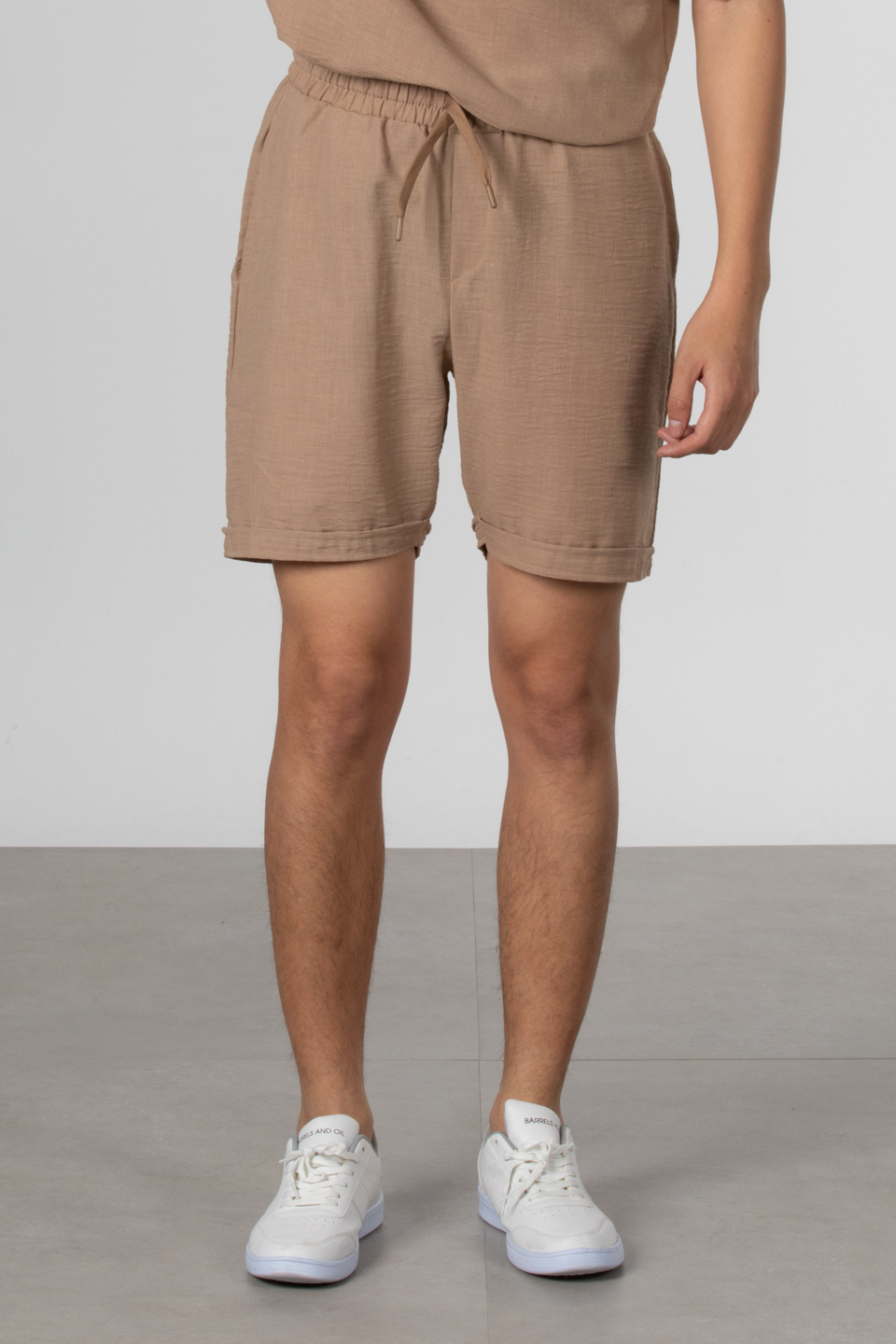 Keten double paça şort-9045 Toprak