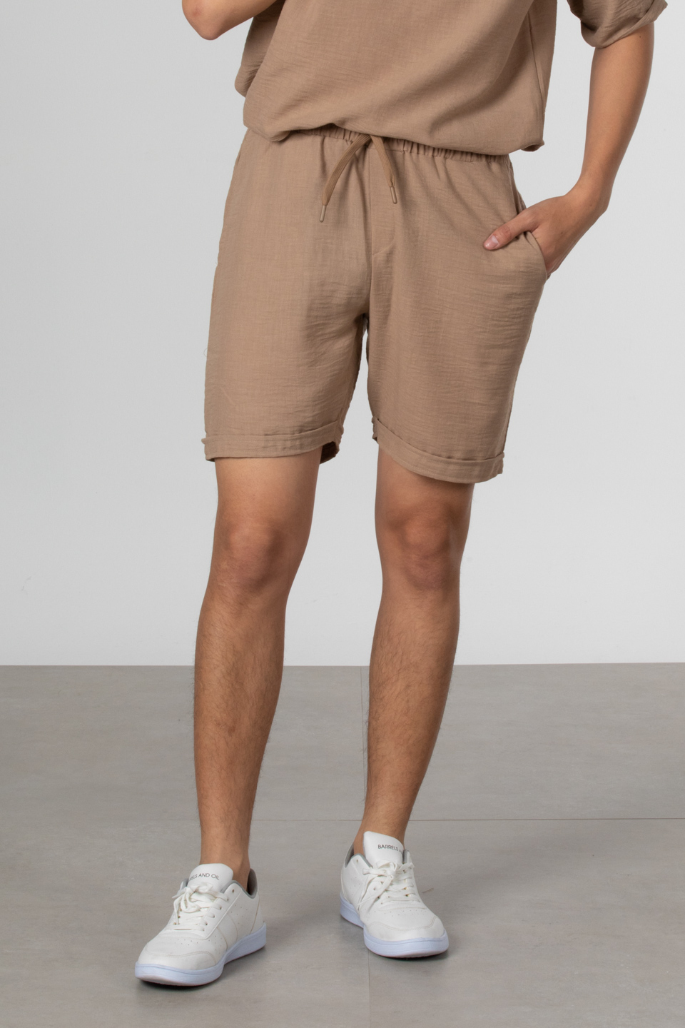Keten double paça şort-9045 Toprak
