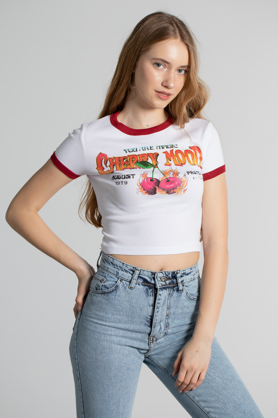 Kiraz baskılı crop body-4066 Beyaz