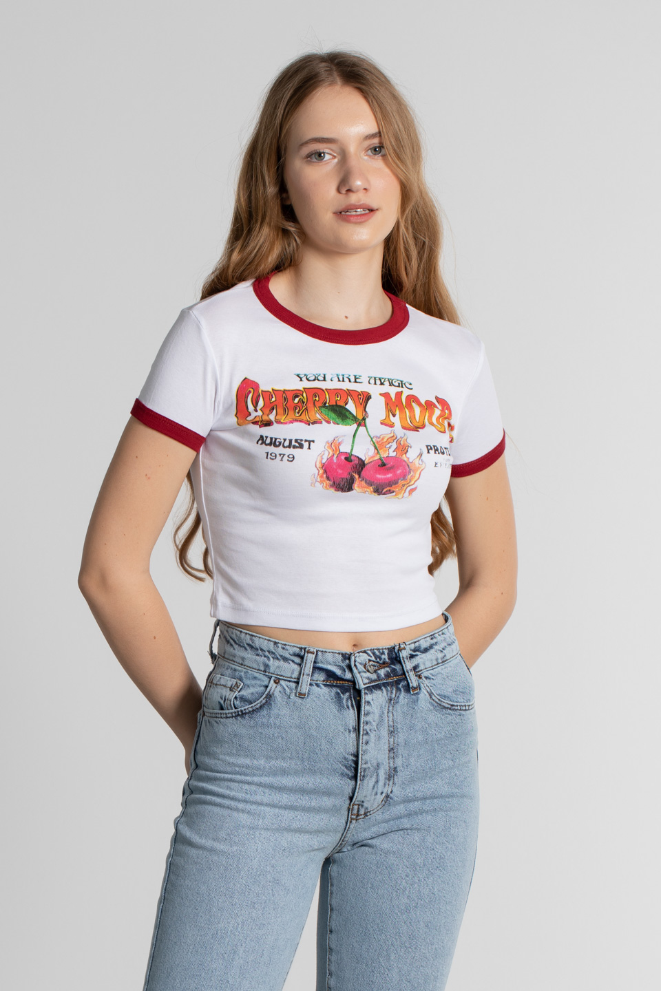 Kiraz baskılı crop body-4066 Beyaz