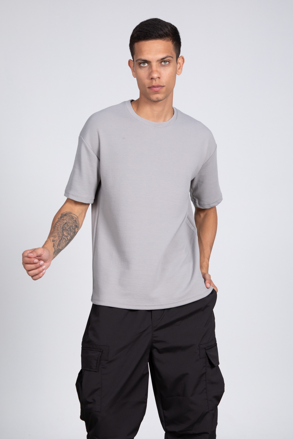 Kısa kol oversize t-shirt-8046 Boyalı Gri