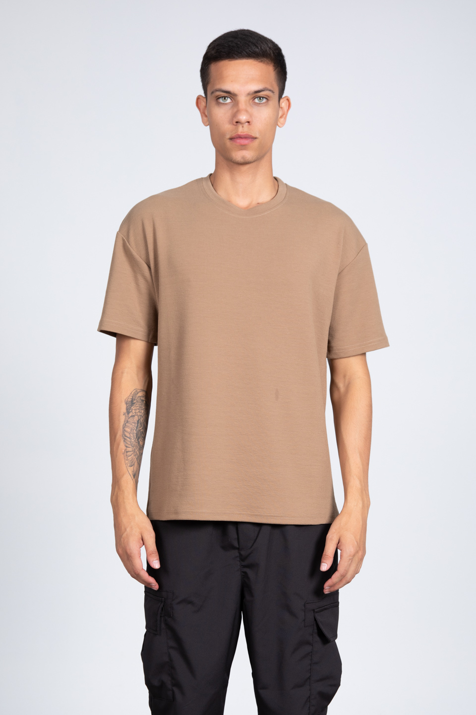 Kısa kol oversize t-shirt-8046 Vizon