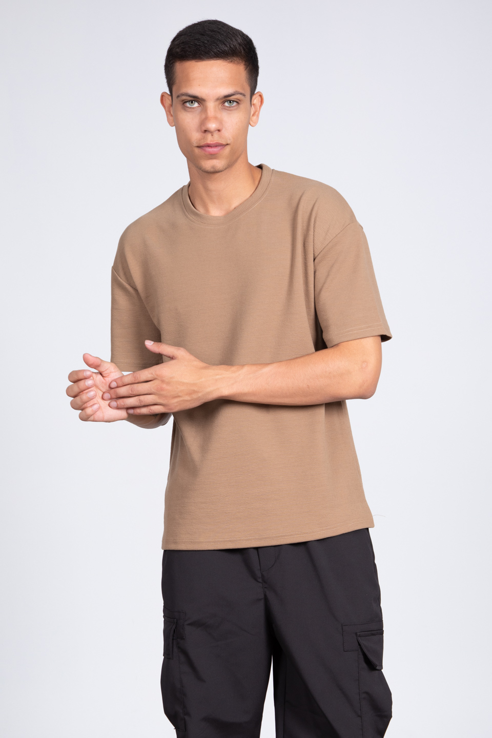 Kısa kol oversize t-shirt-8046 Vizon