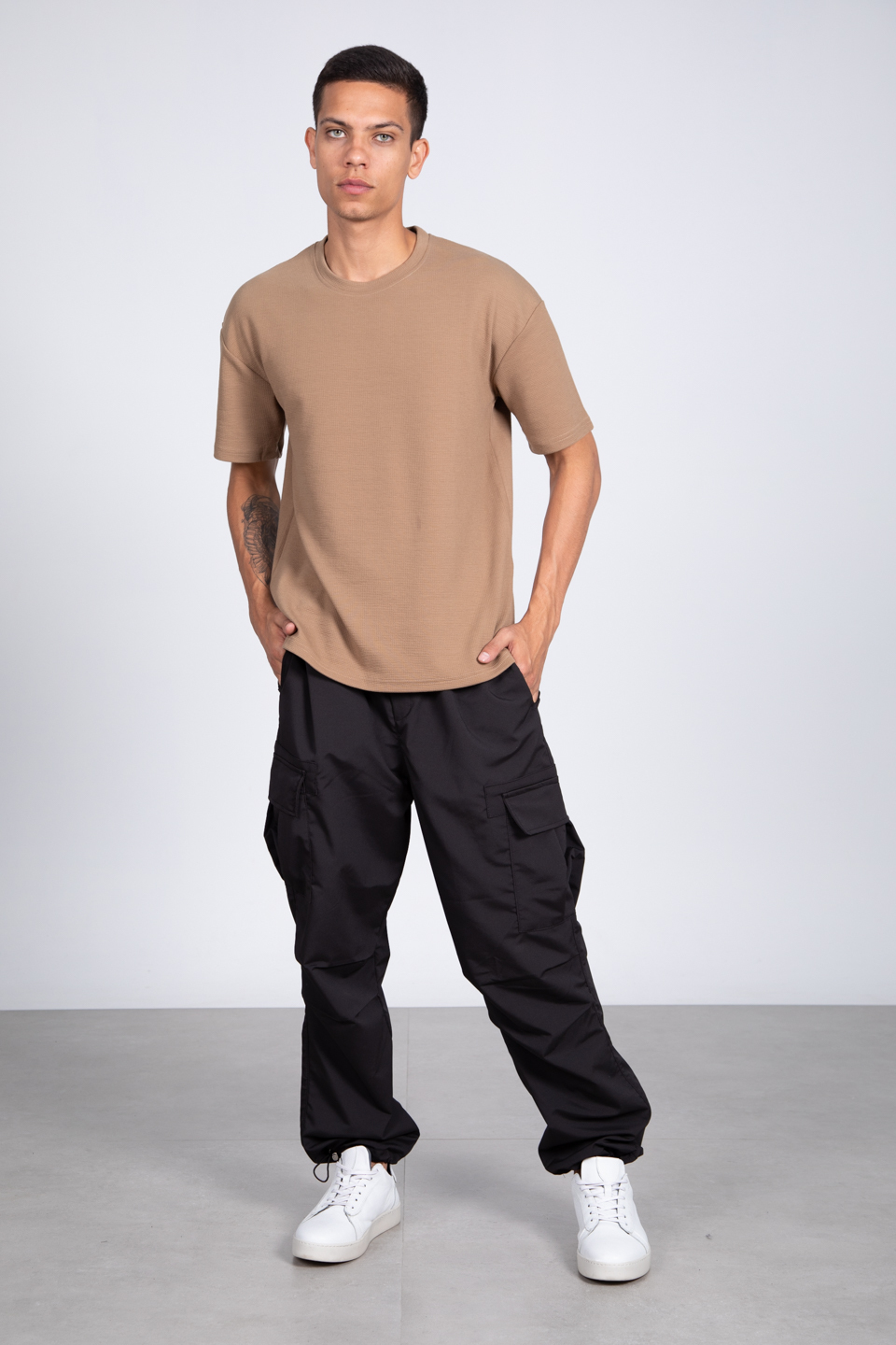 Kısa kol oversize t-shirt-8046 Vizon