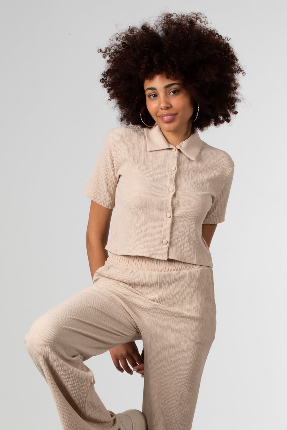 Kısa kollu crop gömlek-81455 Taş