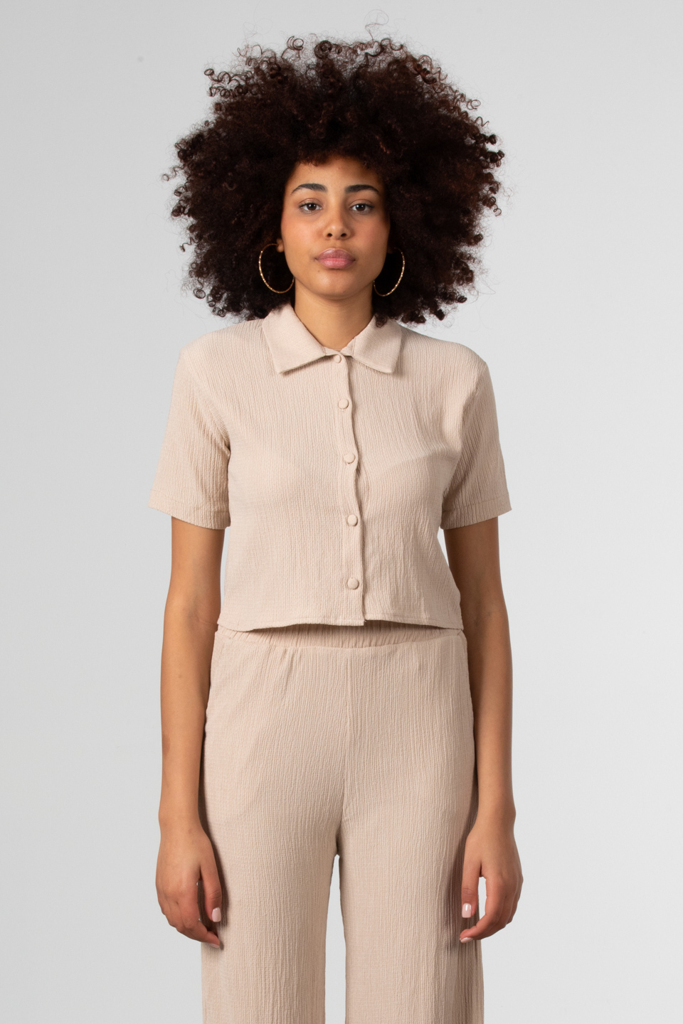 Kısa kollu crop gömlek-81455 Taş