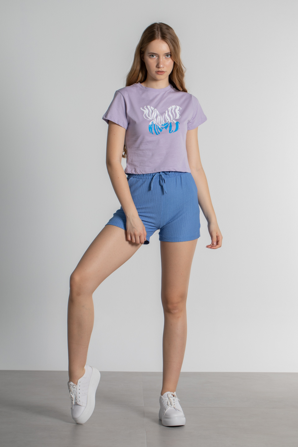 Kısa kollu kelebek baskılı t-shirt-2383 Lila