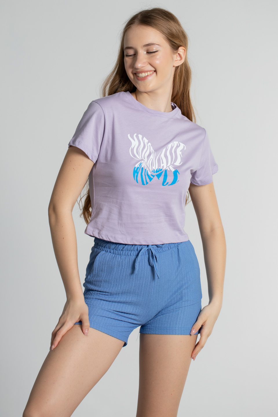 Kısa kollu kelebek baskılı t-shirt-2383 Lila